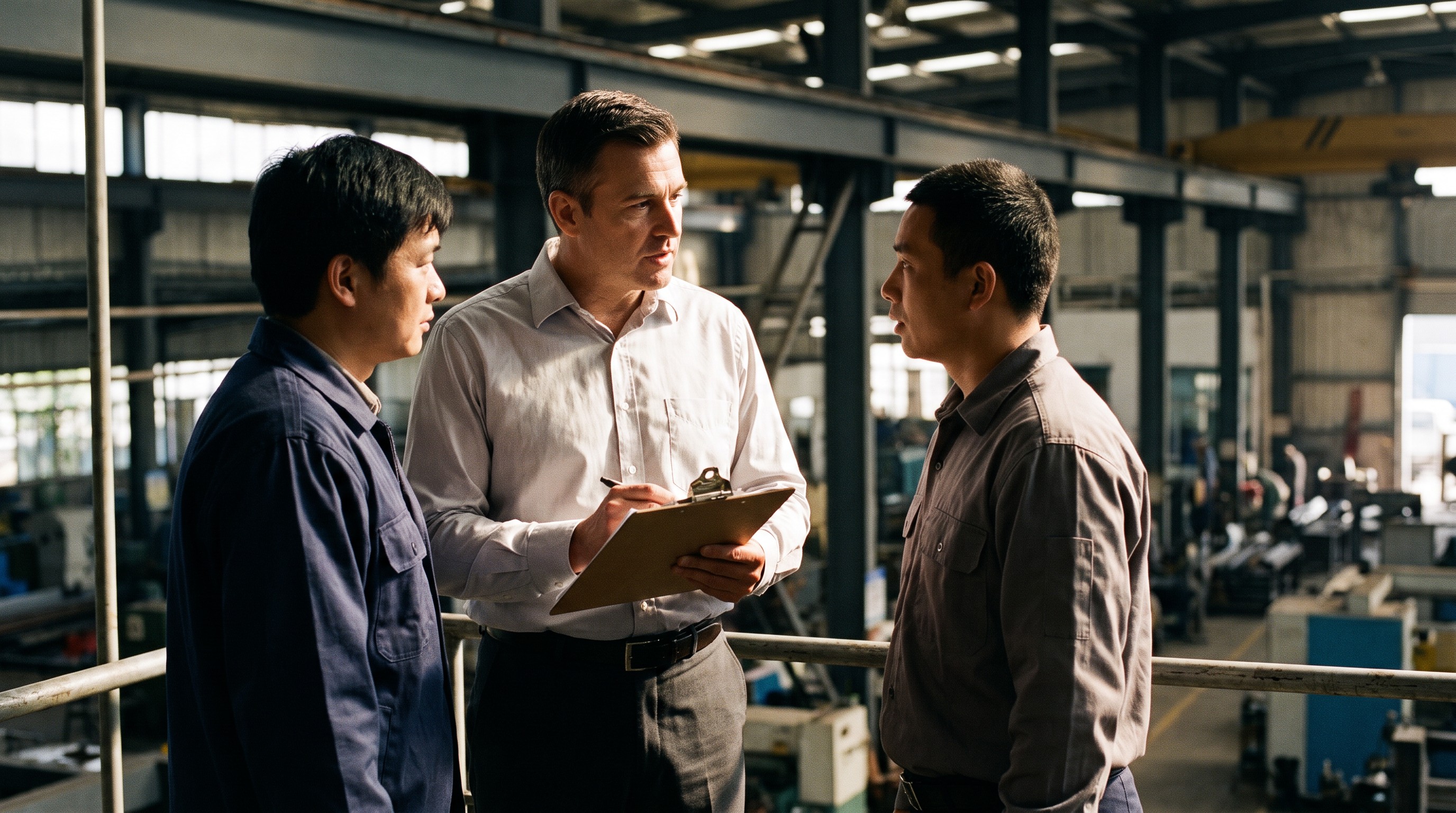Supervisor de planta en conversación con su equipo